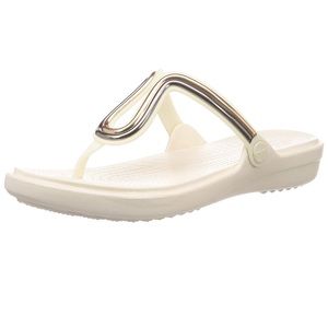 CROCS WHITE FLIP FLOPS SANDALS GOLD TRIMMED STRAPS